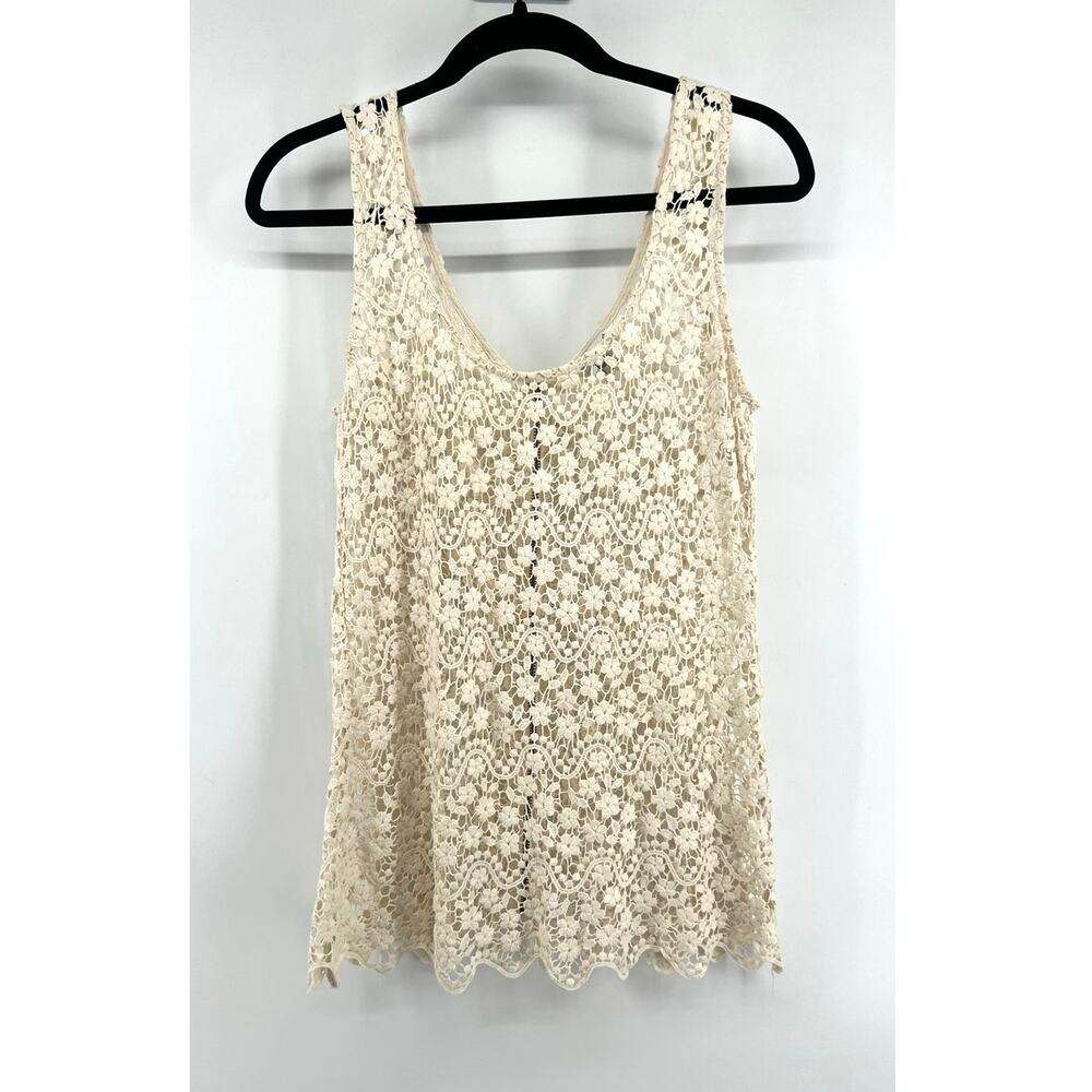see thru soul Women's Crochet Sleeveless Top Size M Cream Zip Back Open Knit